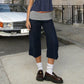 Womens Fold Over Lounge Capri Pants Striped Low Rise Wide Leg Gaucho Pants Yoga Culottes Casual Foldover Bottoms