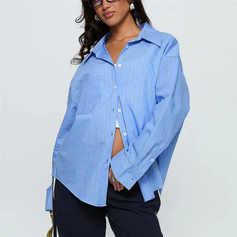 Women Spring Button Down Shirt Pinstripe Loose Fit Long Sleeve Button Up Shirt Wide Collar Casual Tops Workout Shirts