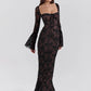 Lace Print Long Flare Sleeve Sexy Maxi Dress For Women Fashion Square Collar Backless Bodycon Club Party Sexy Dress