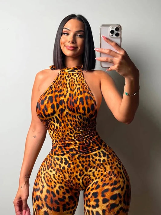 Backless Romper Women Halter Bandage Leopard Print Fit Tight Stretch Summer Sexy Hipster Activity Workout Playsuits