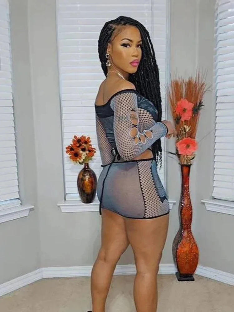 See Through Women 2 Piece Set Sexy Hollow Slash Neck Crop Tops+Peach Hip Skirts Midnight Party Matching Club Outfits