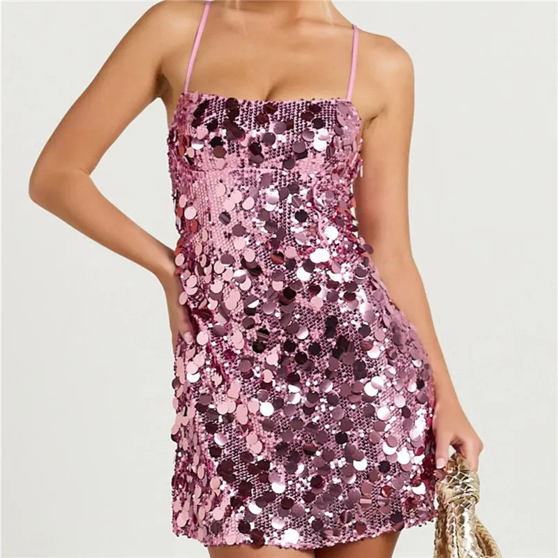 Women Sparkly Sequin Mini Dress Spaghetti Strap Open Back Lace Up Bodycon Dress for Nightclub Party and Birthday Outfits
