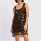 Women Sparkly Sequin Mesh Mini Dress U Neck Tie Back Sleeveless Loose Fit Dress Summer Beach Vacation Party Night Out