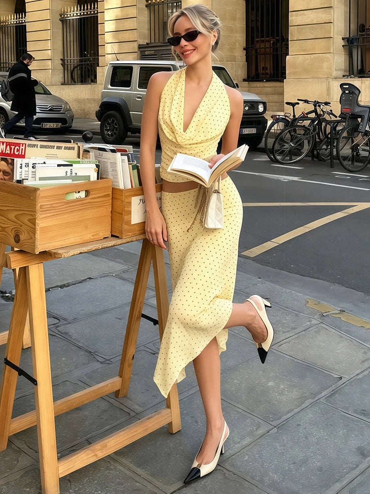 Ruched Elegant 2 Piece Set Woman Polka Dot Print Halter Backless Tank Tops+Elastic Waist Long Skirts Y2K Style Suits