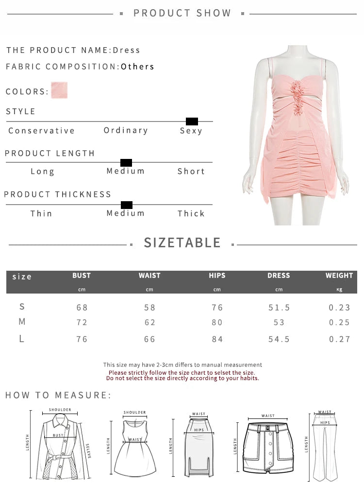 3d Flower Decoration Dress Women Folds Hollow Low-Neck Sexy Midnight Party Hottie Street Summer Fashion Mini Bodycon