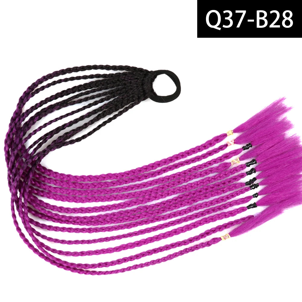 Synthetic Colored Braided Ponytail Hair Extension Rainbow Color Braids Pony Tail With Elastic Band Girl's Pigtail