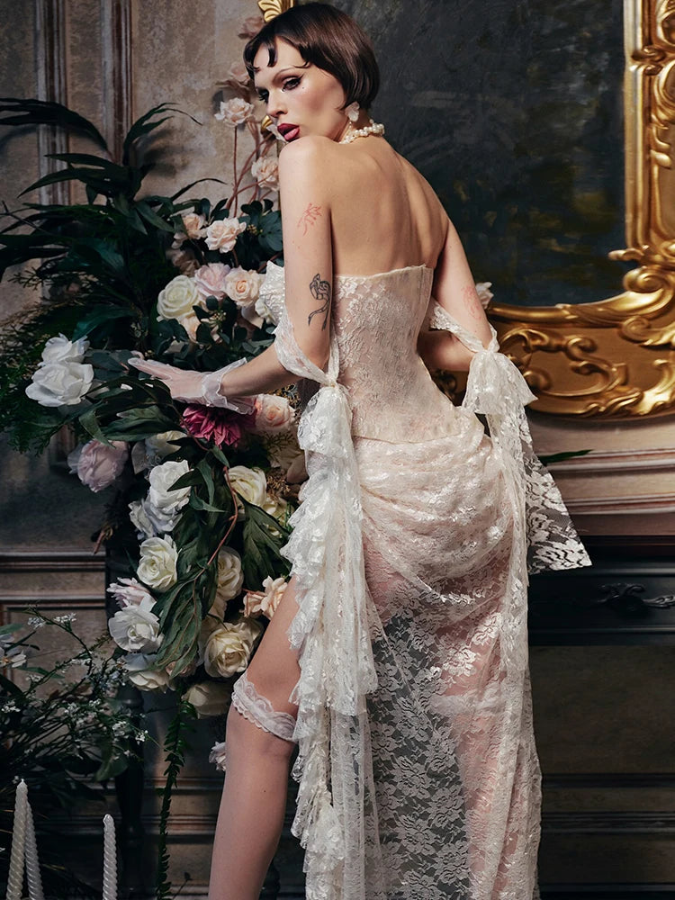 Sweet Jacquard Bead Patchwork 2 Piece Set Women Sexy Bandages Slash Neck Backless Vest+Irregular Hem Tierred Skirt Suits