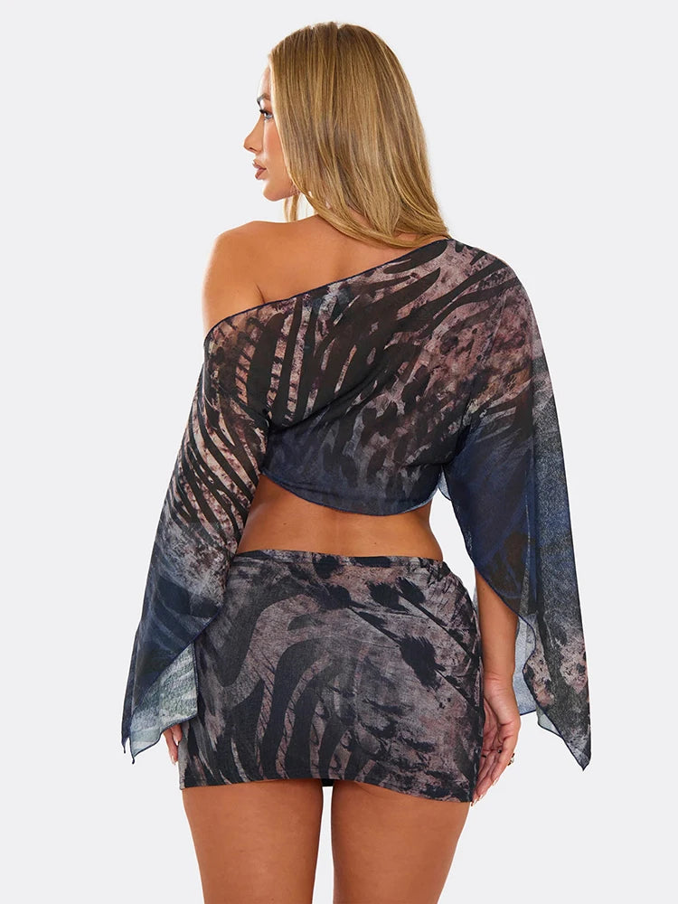 Y2K 2 Piece Set Women Tiger Str Slanted Shoulder Split Sleeve Mesh Crop Tops+Peach Hip Skirts Matching Street Outfits