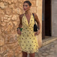 Polka Dot Mesh Yellow Dress Women Sexy Cowl Neck Backless Mini Dresses