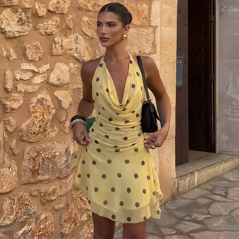 Polka Dot Mesh Yellow Dress Women Sexy Cowl Neck Backless Mini Dresses