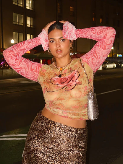 Rhinestones Print Crop Tops Women See Through Sexy Hipster Patchwork Stretch Flare Sleeve Midnight Wild Basic Tees