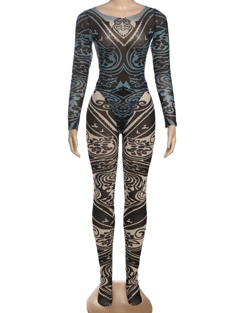 Sexy Women 2 Piece Set See Through Coquette Stretch Fall Hipster Bodysuit+Tight Leggings Matching Midnight Clubwear