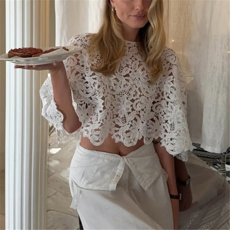 Cute Women See Through Crochet Lace Cape Short Top Crew Neck Batwing Sleeve Cropped Layering Top Matching Camisole