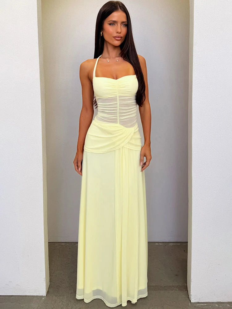 Halterneck Mesh Backless Sexy Maxi Dress Women Elegant Off-shoulder Sleeveless Bodycon Ruched Club Party Long Dress