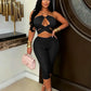 Midnight Sexy Fashion 2 Piece Set Woman Metal Ring Halter Bandage Backless Tops+Skinny Peach Hip Shorts Party Suits