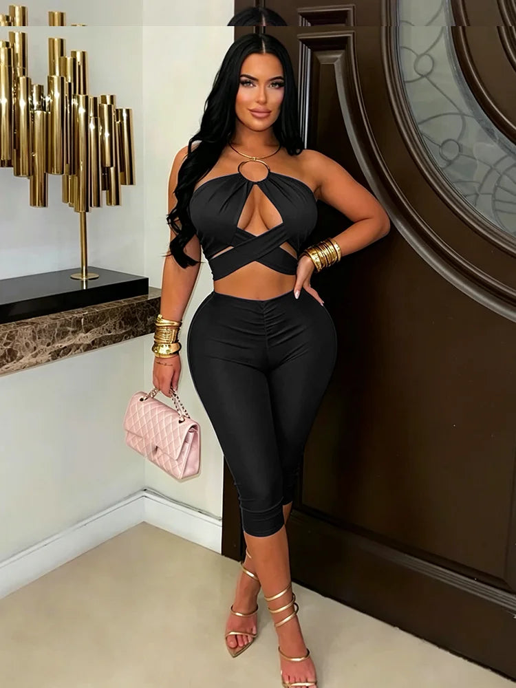 Midnight Sexy Fashion 2 Piece Set Woman Metal Ring Halter Bandage Backless Tops+Skinny Peach Hip Shorts Party Suits