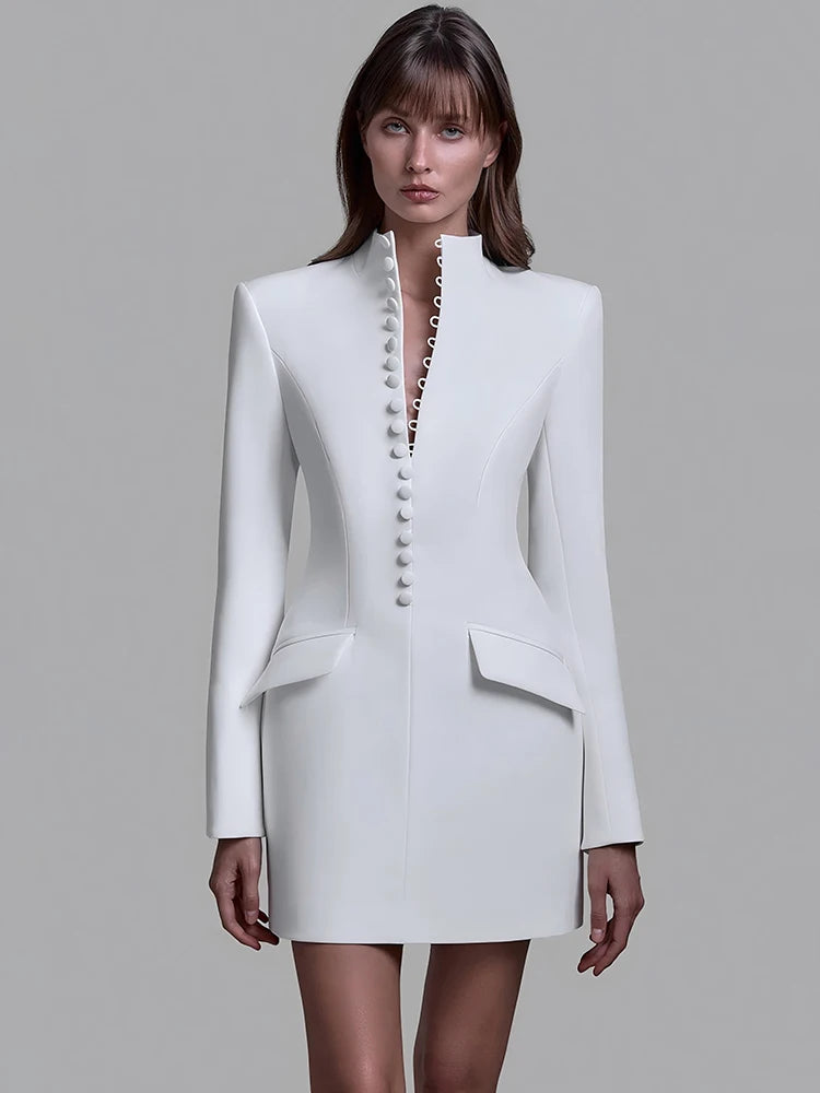 Long Sleeve Single-breasted Sexy Mini Blazer Dress Women Turtleneck Two Pocket Club Party Blazers Dress Office Lady