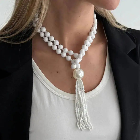 4 Colors Vintage Acrylic Bead Long Tassel Chain Necklace Women Charm Elegant Sweater Chain Banquet Jewelry Accessory