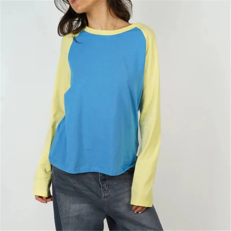 Womens Round Neck Raglan Long Sleeve Tee Color Block Contrast Patchwork Loose Casual Basic Tshirt Streetwear Daily Top