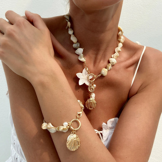 Bohemia Metal Scallop Conch Plastics Flower Pendant Choker Necklace Chain Bracelets Women Summer Beach Y2K Jewelry Set