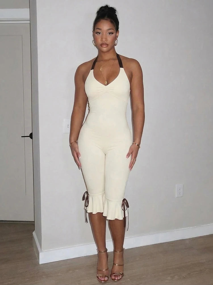 Contrast Color Bandage Playsuits Woman Halter Low-Neck Backless Sleeveless Ruffles High Street Fashion Style Rompers