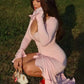 Flare Long Sleeve Ruffle Sexy Maxi Dress Women Autumn Pink V Neck Single-breasted High Waist Club Long Dresses Female