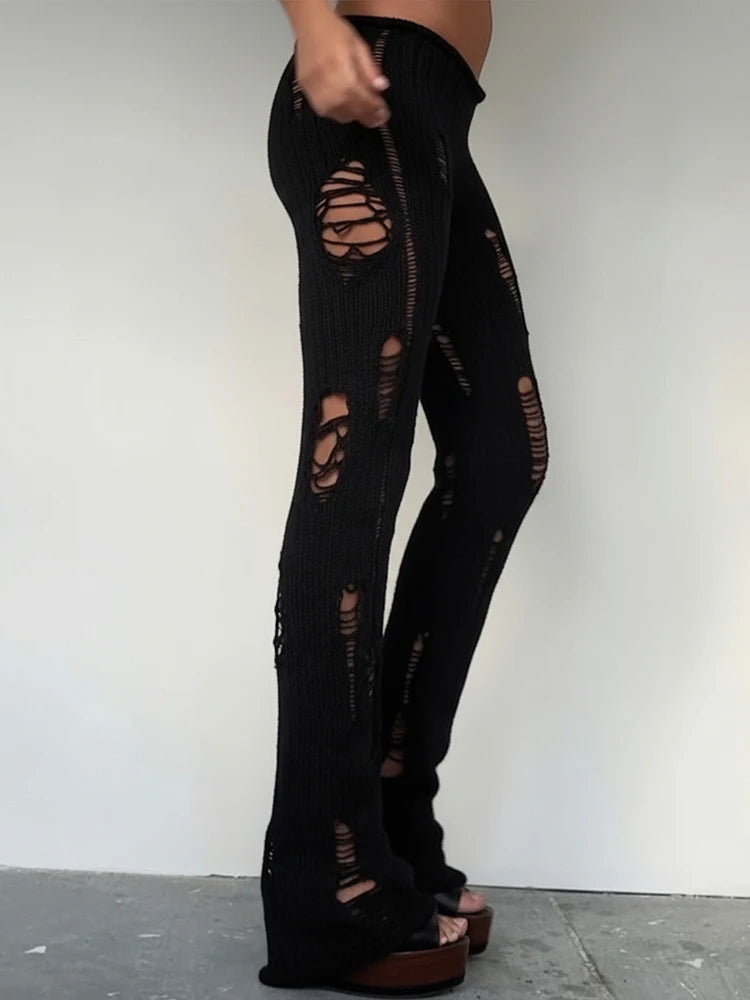 Knit Irregular Ripped Pants Women Autumn Trend Fashion Sexy Hottie Wild Solid Hip-Hop Street Clubwear Skinny Bottom