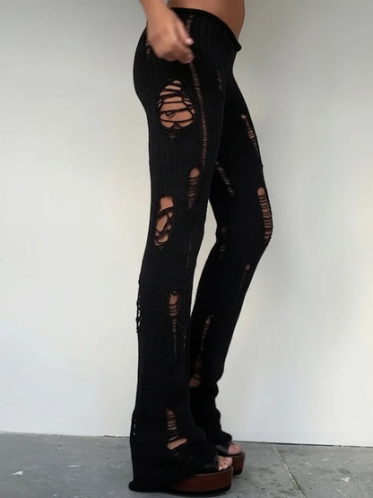 Knit Irregular Ripped Pants Women Autumn Trend Fashion Sexy Hottie Wild Solid Hip-Hop Street Clubwear Skinny Bottom