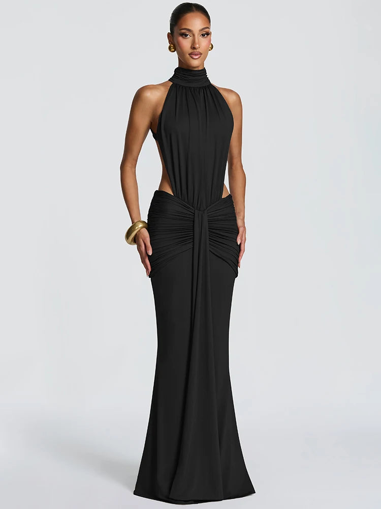 Turtleneck Backless Sexy Maxi Dress Women Gown Elegant Off-shoulder Sleeveless Ruched Bodycon Club Party Long Dress