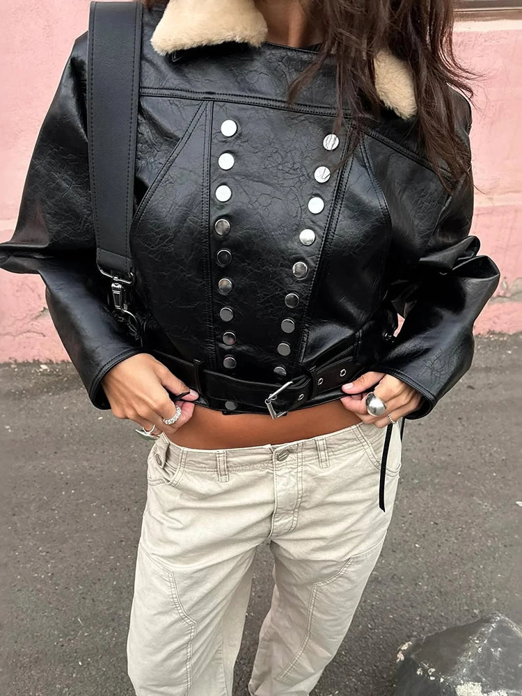 PU Leather Jacket Woman Furry Patchwork Lapel Double-Breasted Metal Buckle Belt Full Sleeve High Street Style Coats
