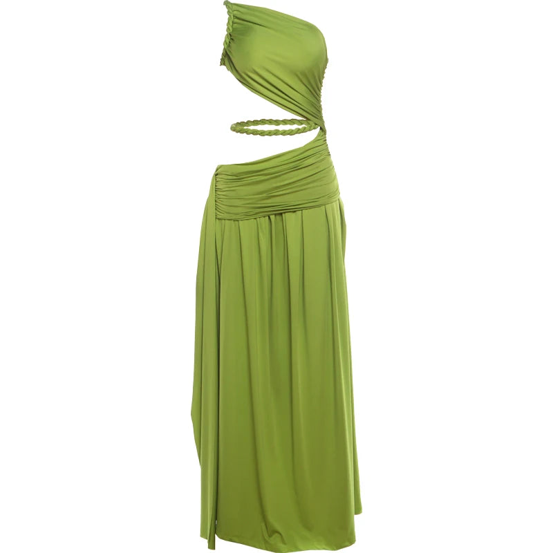 Sexy Rope Patchwork Dress Women Fashion Hollow Skew Collar Ruched Ribbon Sleeveless Elegant Vacation Party Bodycon