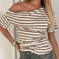 Summer Women's Striped Off-Shoulder T-Shirt with Ruched Side Short Sleeve Asymmetrical Neckline Casual Tops Daily Wear
