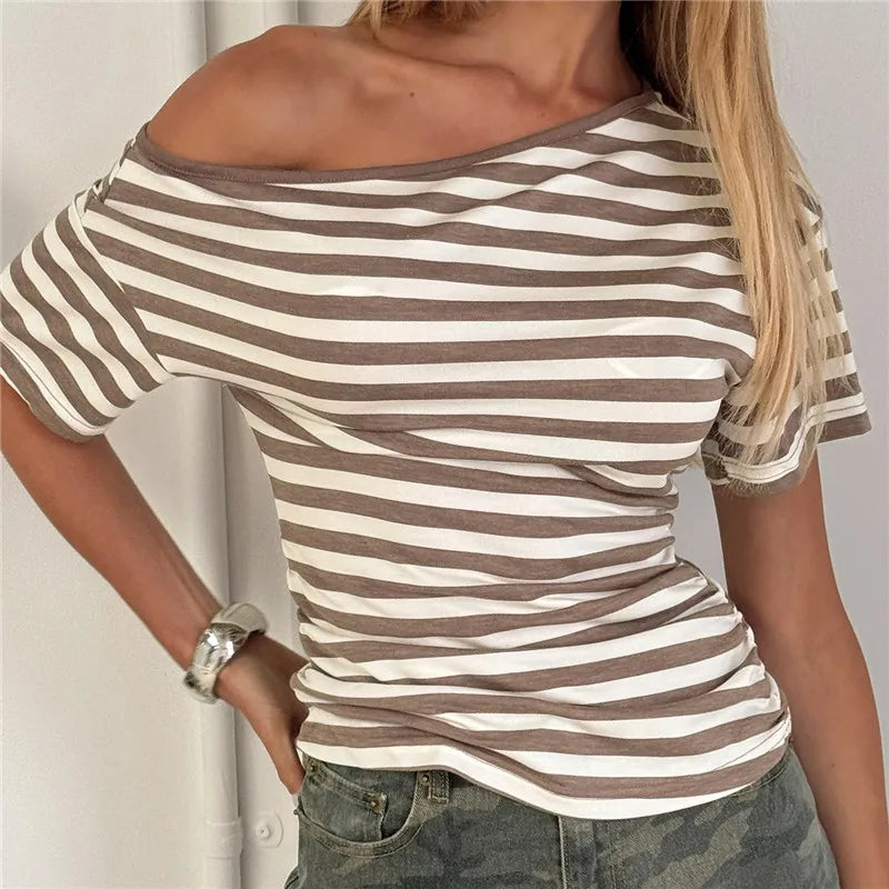 Summer Women's Striped Off-Shoulder T-Shirt with Ruched Side Short Sleeve Asymmetrical Neckline Casual Tops Daily Wear