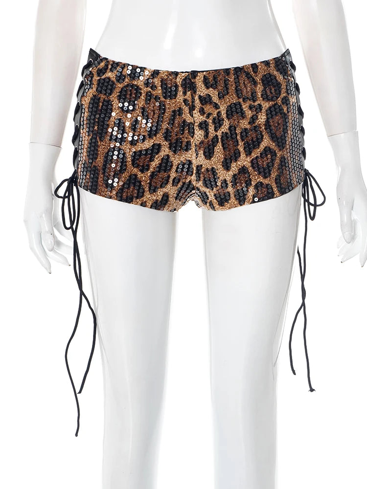 Sequins Shorts Women Y2K Leopard Print Hollow Midnight Sexy Hottie Side Shirring Summer Wild Fashion Classic Bottoms