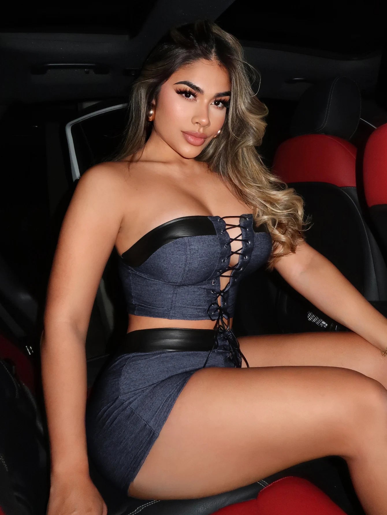 Sexy Shirring 2Piece Set Women Leather Edging Strapless Top+Shorts Hipster Coquette Matching Party Summer Clubwear