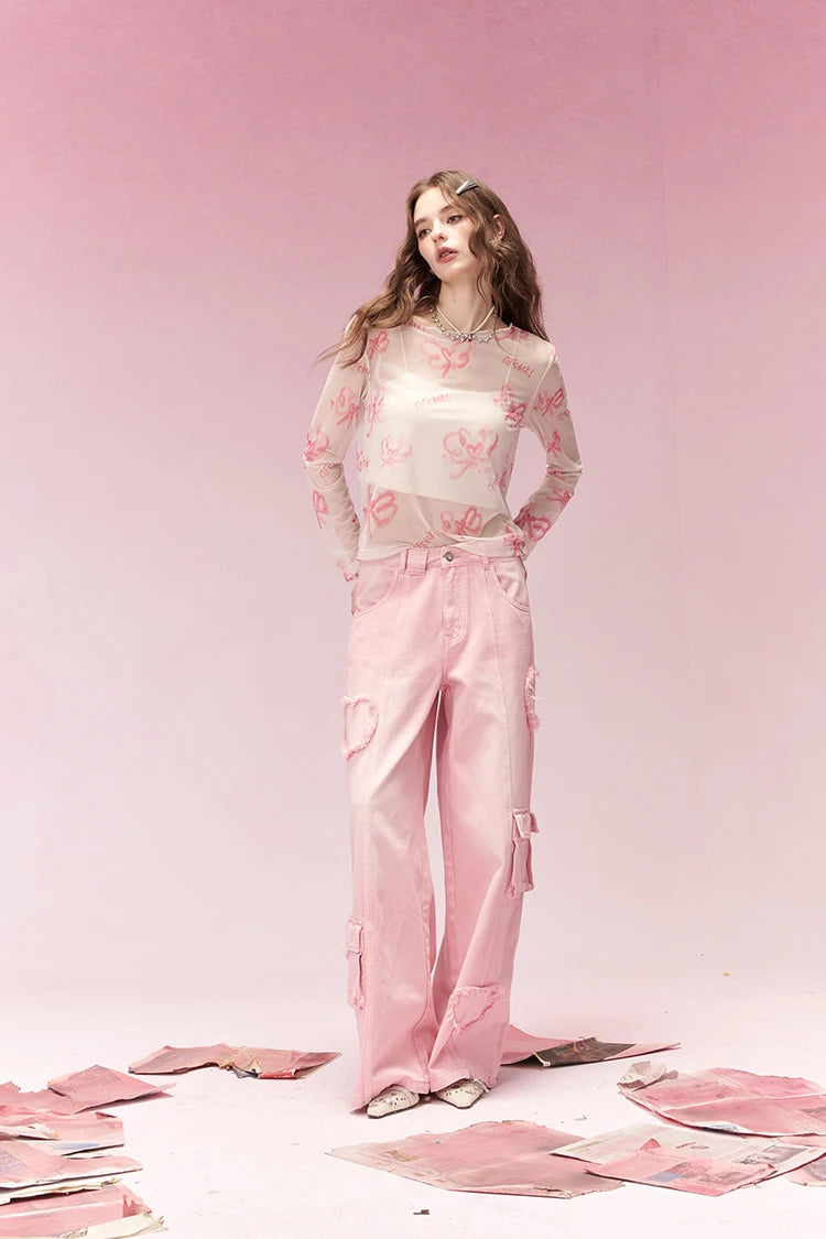 Sweet Casual All Over Print Long Sleeve T-Shirt with Lightweight Sheer Fabric, Relaxed Fit Tops for Women's Daily Outfit