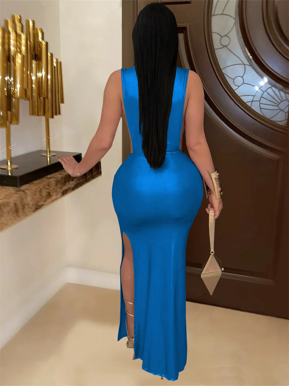 Silky Sexy Dress Women Sleeveless Waistless Metal Button Ribbon Ruched Side Split Party Midnight Club Wedding Bodycon