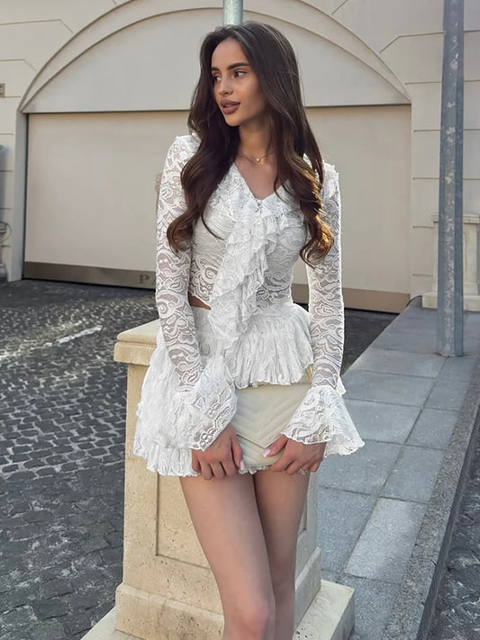 Sexy Jacquard 2 Piece Set Women Elegant Ruffles V-Neck Crop Tops+Tierred Cake Skits Autumn Midnight Party Clubwear