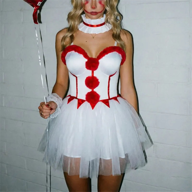 Women Halloween Clown Cosplay Costume Pom Pom Tulle Tutu Mini Dress With Choker Wrist Cuffs Carnival Party Fancy Outfit