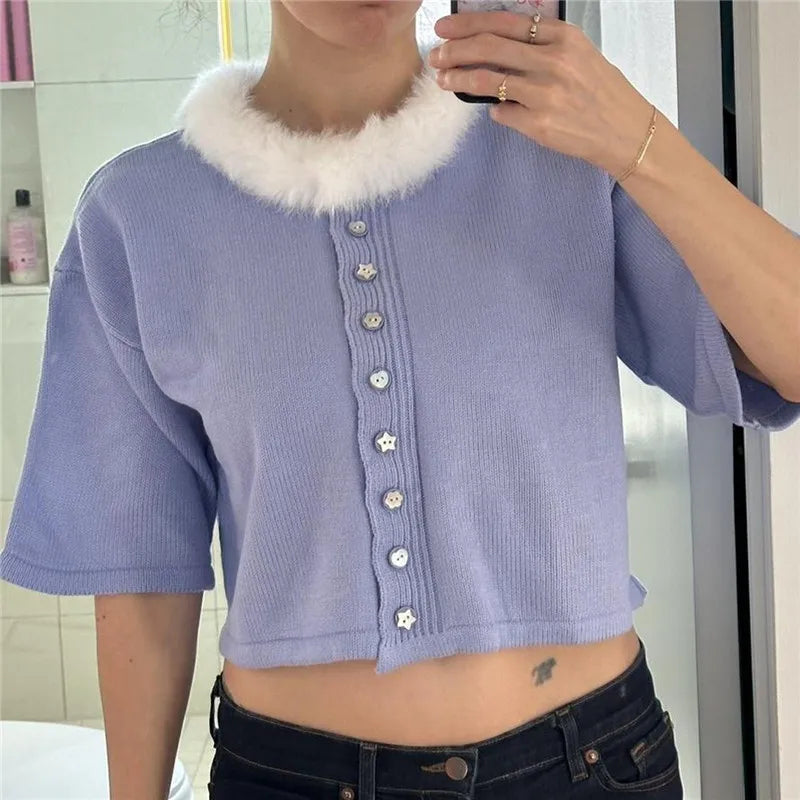 Harajuku Kawaii Furry Neck Short Sleeve Knit Crop Top Women Button Cropped Cardigan Pastel Color Soft Knit Street Outfit