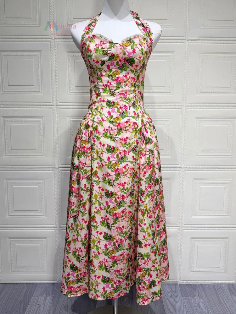 Women Halter Floral Print Sexy Midi Dress Sweetheart Neck Sleeveless Backless Pleated Bodycon Club Party Longdress