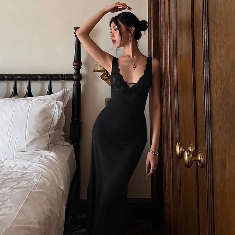 Floral Lace Trim Deep V Neck Backless Long Maxi Dress Sexy Elegant Black Evening Dresses Woman 2026