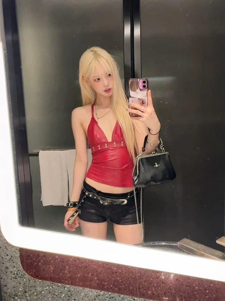 Sexy Metal Decoration Camisole Women v-Neck Faux Leather Midnight Hottie Music Festival Wild Fashion Classic Streetwear