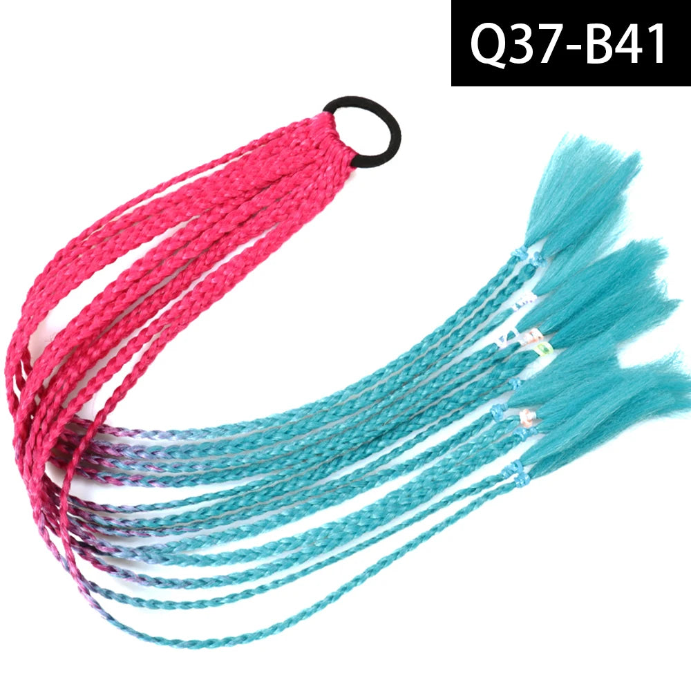 Synthetic Colored Braided Ponytail Hair Extension Rainbow Color Braids Pony Tail With Elastic Band Girl's Pigtail