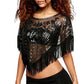 Women Sequin Mesh Fringe Poncho Top Floral Embroidered Sheer Net Cape Shawl Asymmetric Hem Crew Neck Party Club Cover Up