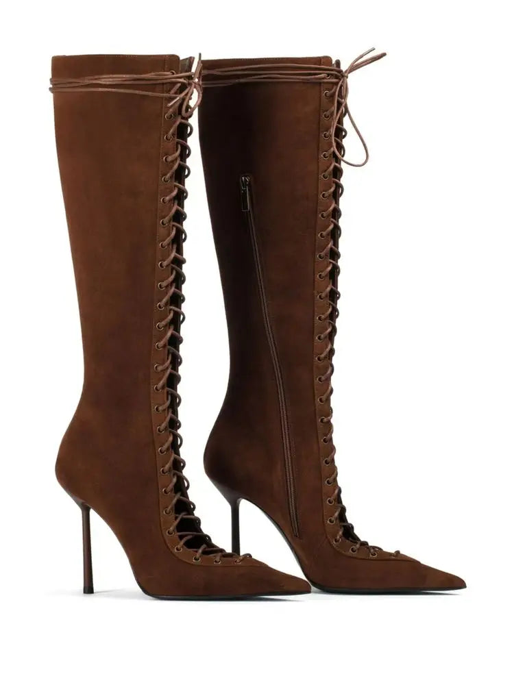 2026Spring/Summer New Lace Up Short Cool Boots Side Zipper Banquet Slimming High Heels Sexy Knee Length Women's Boots