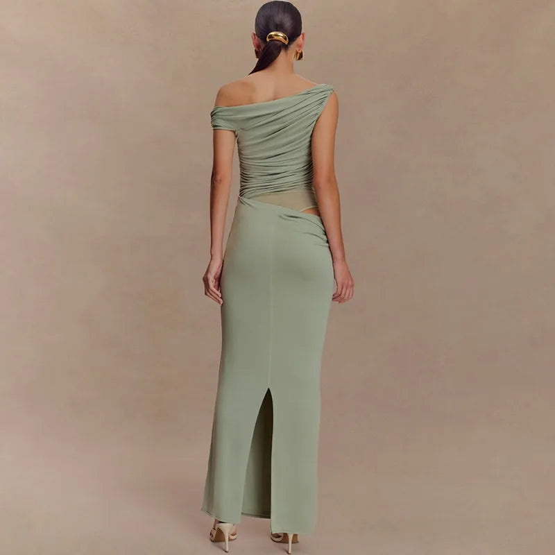 Mesh Spliced Cutout One Shoulder Split Long Dresses Green Black Elegant Party Dress Woman Clothing