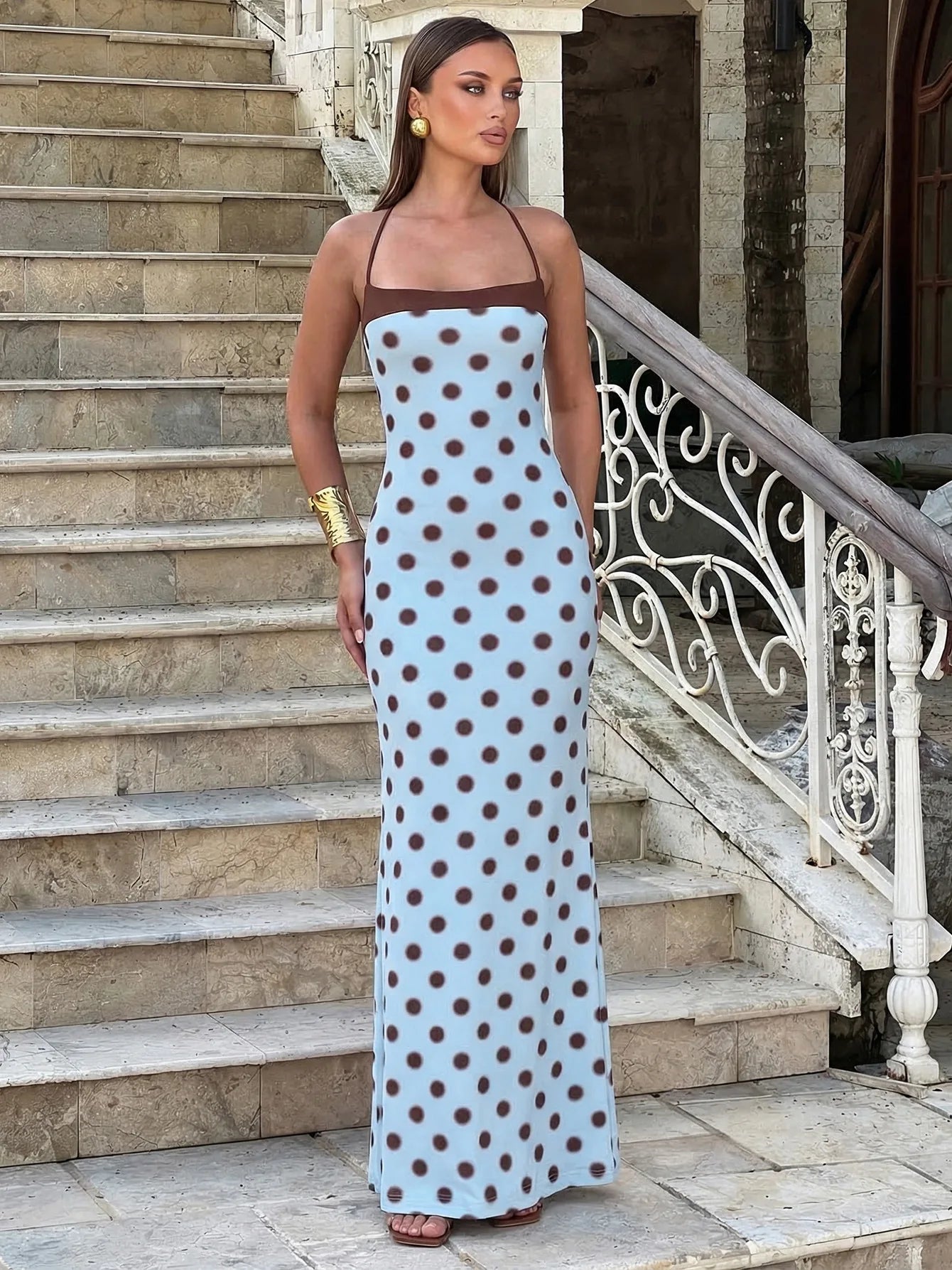 Blue Polka Dots Summer Dress for Woman 2026 Elegant Sexy Halter Backless Maxi Party Dresses