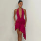 Halter Deep V Neck Backless Asymmetric Mini Dress with Ruched Handkerchief Hem Sexy Party Dresses