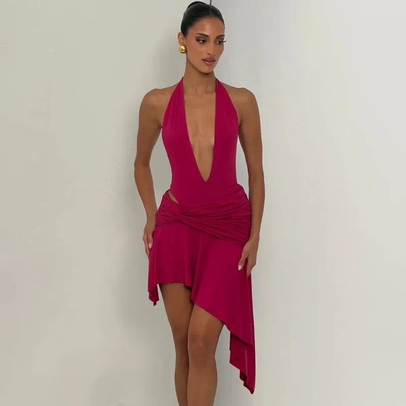 Halter Deep V Neck Backless Asymmetric Mini Dress with Ruched Handkerchief Hem Sexy Party Dresses